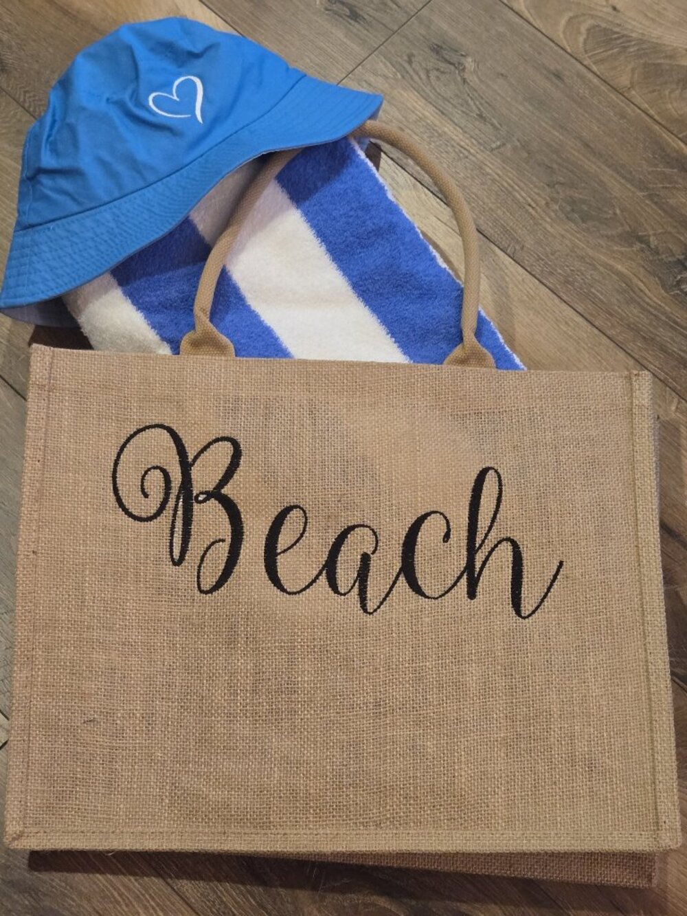 3 Piece Beach Vacation Set-Large burlap "Beach" Tote, Blue Bucket Hat & Towel